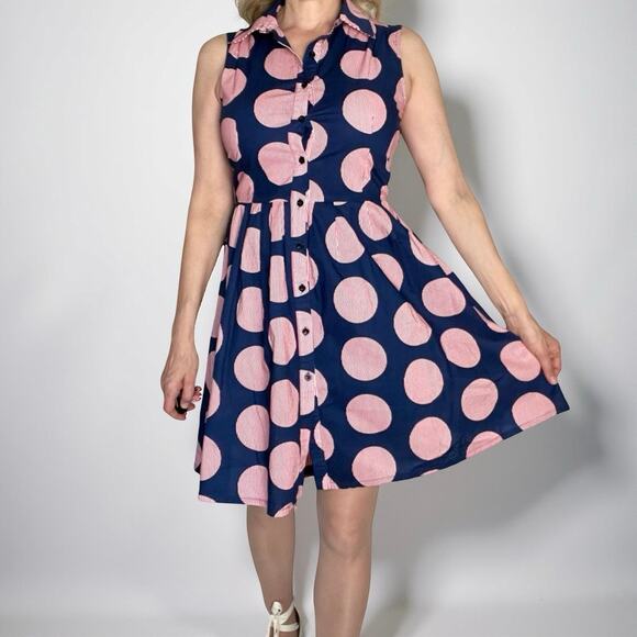 Frock Shop Halter Shirt Dress | Navy Pink Polka Dot | M (Fits S) | Vintage Y2K - Picture 1 of 12